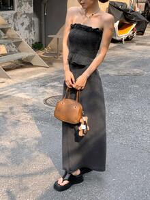 DAZY Women's Summer Casual Ruffle Bandeau Top And Denim Skirt Set - Black - View 7