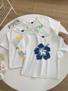 Attitoon 3件套休闲简约热带度假海洋图案印花圆领短袖露脐紧身T恤，饰有手绘字母、龙虾、柠檬、蓝色芙蓉花图案，适合春夏穿着。 - 白色 - 查看 3