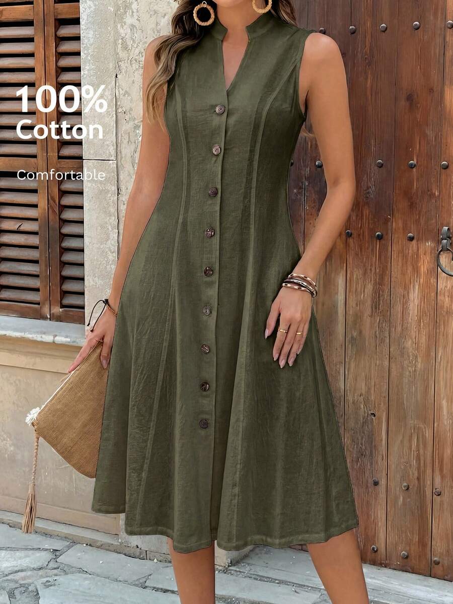 Faunlyn Women's Summer Geometric Pattern Print Round Neck Short-Sleeve Dress - Army Green - View 1