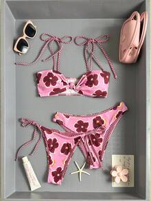 Swim Mod 3pcs/Set Pink Summer Tropical Beach Vacation Holiday Knitted Floral Print Swimwear Set, Elegant Plaid Spaghetti Strap Triangle Cup Bikini Set, Bandeau - Multicolor - View 1