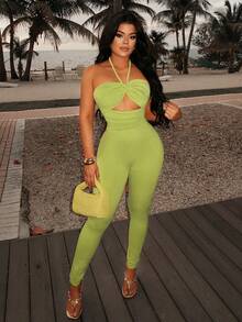 SHEIN SXY Green Halter Neck Bodycon Jumpsuit For Vacation - Green - View 3