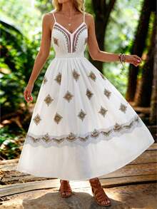 春夏波西米亚印花V领系腰A字连衣裙，女士休闲度假风 - 彩色 - 查看 6