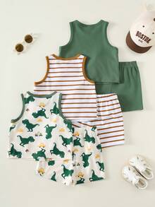 SHEIN Bộ 3 món đồ chơi trẻ em unisex cho bé trai/bé gái, áo ba lỗ và quần short in hình khủng long dễ thương, quần áo mùa hè cho bé trai. - Màu xanh lá cây đậm - Xem 2