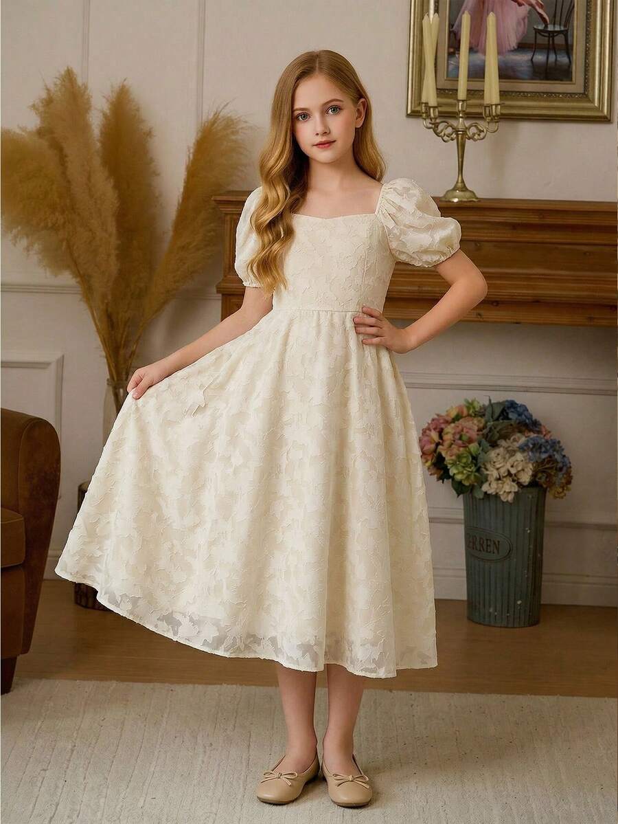 SHEIN Đầm tay phồng thanh lịch dành cho bé gái, thích hợp cho mùa xuân/hè, mùa tốt nghiệp, đám cưới, các dịp thường nhật và tiệc tùng. - Màu be - Xem 1
