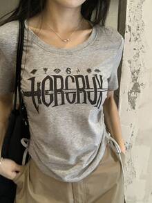 DAZY Women's Letter Print Round Neck Short Sleeve Casual Drawstring T-Shirt - Grey - View 3