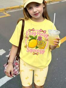 2件套女童休闲夏季水果柠檬印花蝴蝶结装饰T恤和条纹骑行短裤套装，舒适日常穿着 - 彩色 - 查看 3