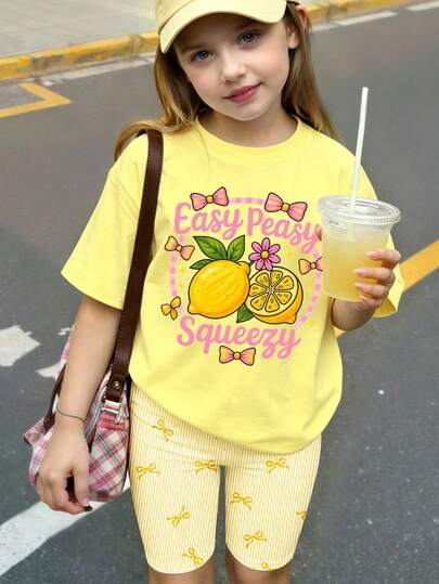 2 peças/Conjunto Meninas Verão Casual Camiseta com Estampa de Limão e Laço, Shorts de Bicicleta Listrados, Conjunto Confortável para Uso Diário