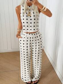 SHEIN EZwear 白色背景黑色波点女士圆领背心和裤子休闲度假套装 - 白色 - 查看 4