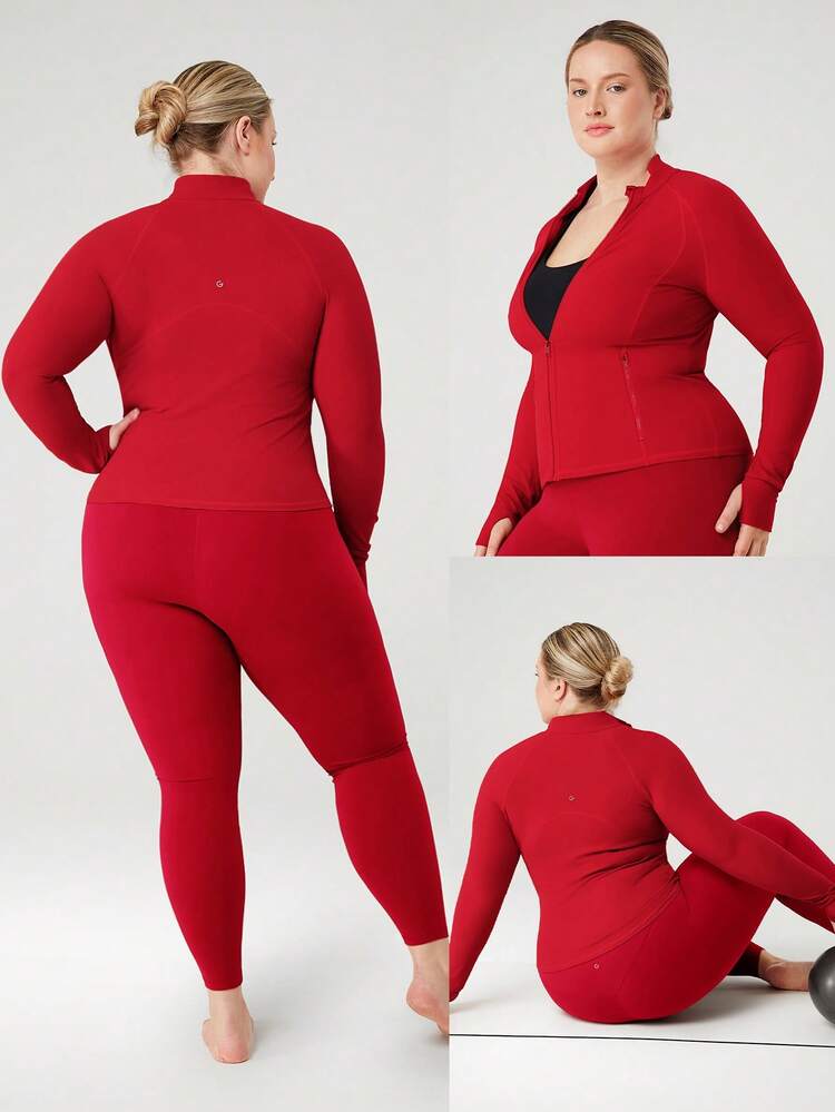 Plus Size FeatherFit™ Slim Fit Thumbhole Jacket With Side Pockets Low Impact Yoga Pilates Studio Daily Casual Wear