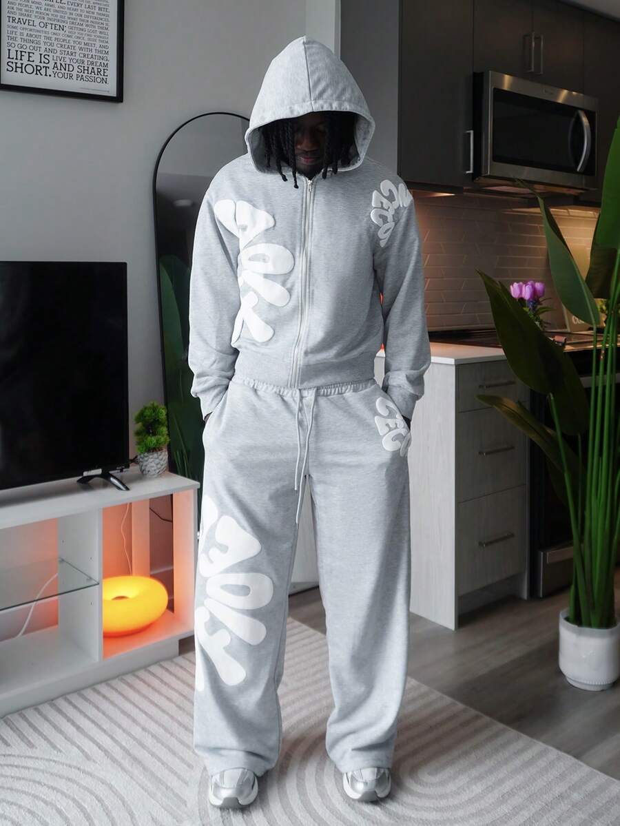 Harrin Don 男士字母印花抽绳腰宽松休闲运动裤 - 灰色 - 查看 1