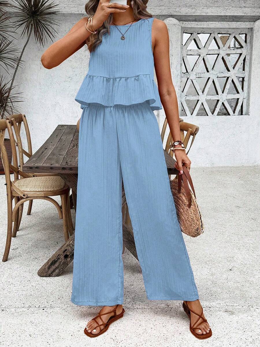 Breezaya Women's Solid Color Pleated Top And Wide Leg Pants Casual 2 Pieces Set - Blue - View 1