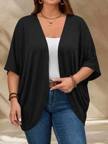 EMERY ROSE Plus Size Casual Solid Color Batwing Sleeve Jacket - Black - View 5