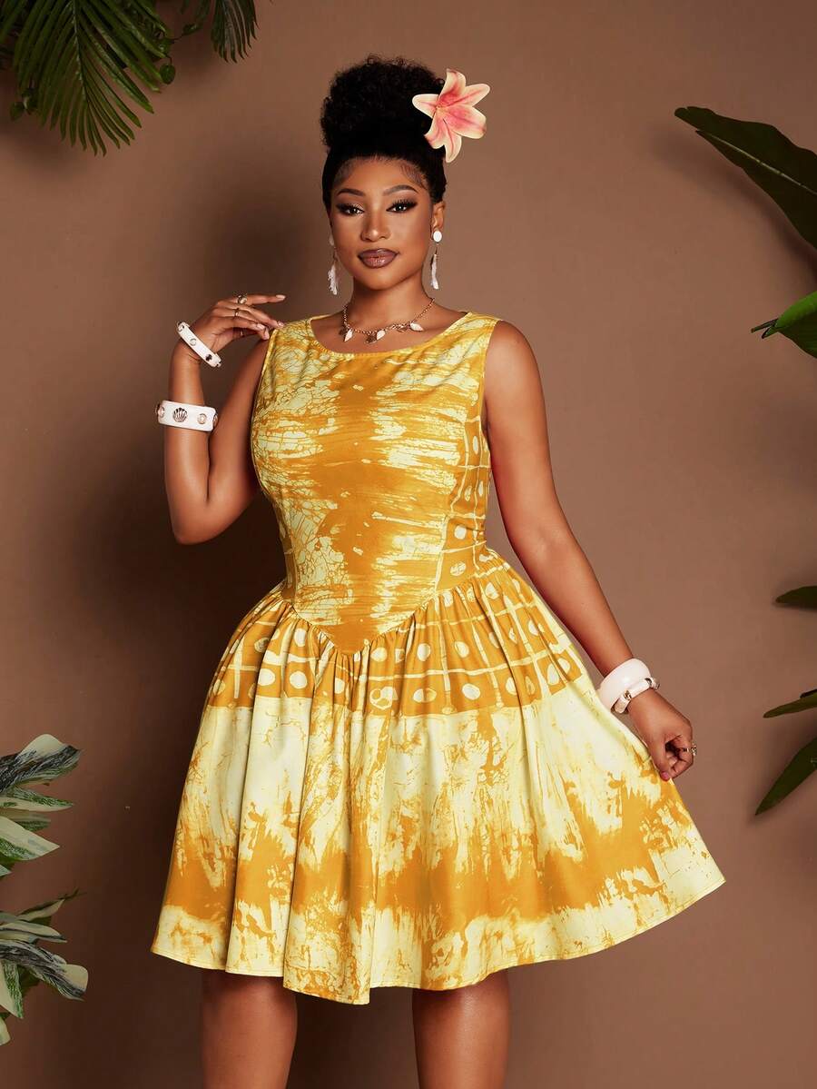 Maweii Vestido plus size com cintura franzida, decote redondo, sem mangas, para praia, férias e estampa sexy de Halloween. - Amarelo - Ver 1