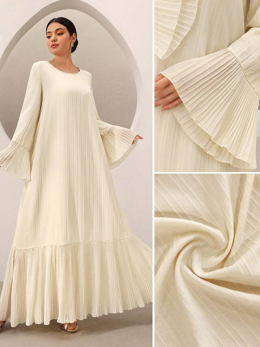 Graceveil 米色休闲纹理褶皱鱼尾宽松优雅连衣裙，适合女性