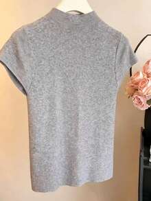 Resyla Women's Solid Color Stand Collar Short Sleeve Casual Knit Top - Light Grey - View 2