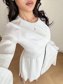 Solavon 女士圆领长袖薄纱褶皱中长连衣裙 - 白色 - 查看 6