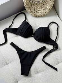 Bonvoyette Summer Vacation Beach Rigid Cup Ruched Bikini Set - Black - View 3