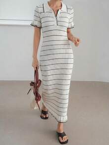 Dazy-Less Đầm dài dệt kim ôm dáng kẻ sọc thoải mái dành cho nữ, thích hợp cho kỳ nghỉ. - trắng - Xem 3