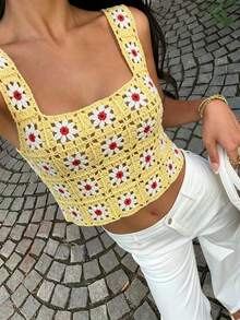 Women's Casual And Cute Y2K Hand-Crocheted Totem Pattern Yellow Camisole Vest Top, Suitable For Summer Outings, Music Festivals, Country Concerts, Beach Holidays And Daily Street Wear. - Yellow - View 6