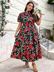Miaspire Plus Size Women Elegant Floral Print Ruffle Sleeve Maxi Dress,Zanzea Summer Black And Red Wedding Bridal Dress,Casual Short Sleeve Midi Dresses - Multicolor - View 1