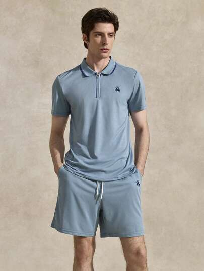 Courvante Men's Casual Polo Shirt Set, Men's Embroidered Polo Shirt Set, Men's Haze Blue Polo Shirt Set, Zip-Up Polo Shirt Set, Short Sleeve Shorts Polo Shirt Set, Casual 2-Piece Set. Suitable For Daily Outings, Gathering With Friends, Commuting,Men's Dusty Blue Polo & Shorts Set - Zipper Collar Design, Cozy Matching 2PC Outfit, Summer Essential For Beach & Date 2 Piece Set Men Light Blue Men 2 Piece Set Polo