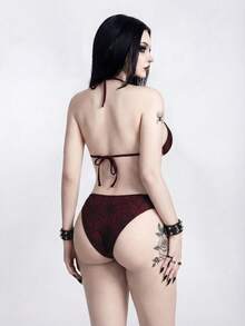 ROMWE Goth 26SS 哥特式蜘蛛网黑红暗哥特风连体泳衣，女士，春夏款 - 黑色 - 查看 2