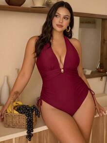 Swim Chiccia Plus Size Women's Solid Color Sexy Halter One-Piece Swimsuit Gym Summer - Rose Red - View 1