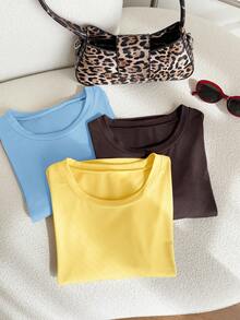Comfortcana 3pcs/Set Plus Size Basic Crew Neck Short Sleeve Colorful T-Shirts - Multicolor - View 6
