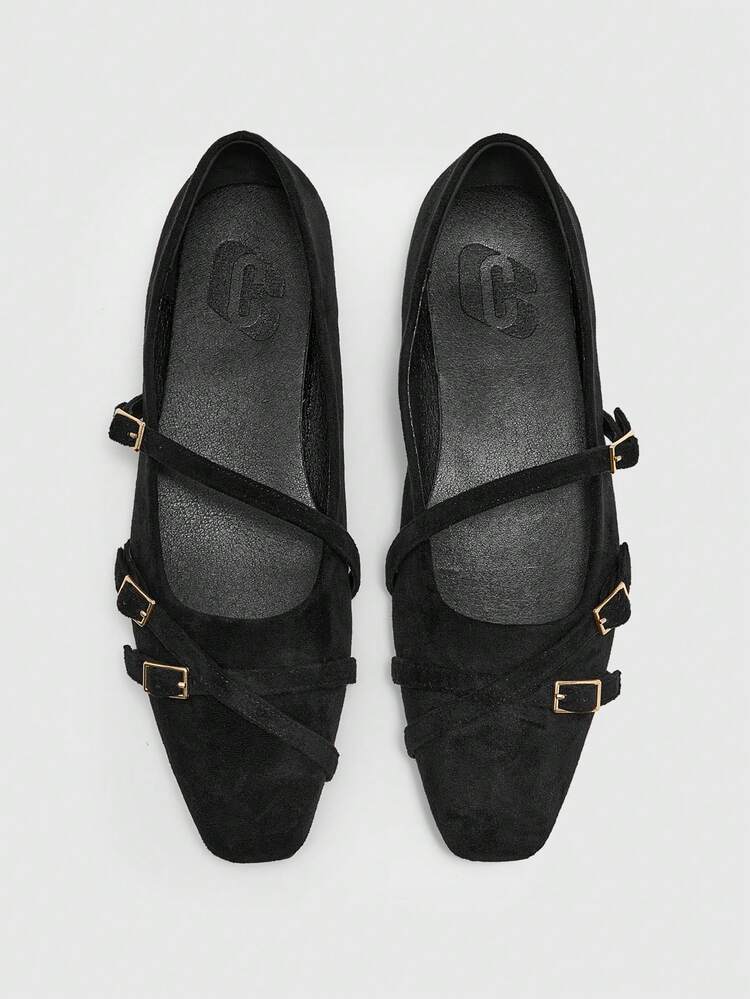 CUCCOO BIZCHIC Women Shoes Women's Square Toe Flat Bottom Black Suede Multiple Strips With Low Vamp, Slip-On Stylish And Comfortable Mary Jane Shoes Daily Versatile Commuter Women's Flat Bottom Shoes Women's Shoes