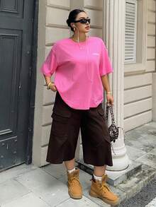 Dazy Plus Loose Fit Letter Print Round Neck Pink Short Sleeve Casual Plus Size T-Shirt, Street Style For Spring/Summer - Hot Pink - View 8