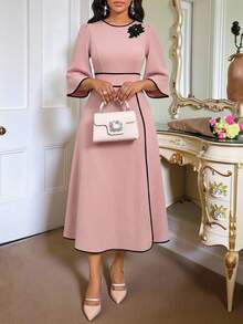 SHEIN Lady Women's Contrast Trim Round Neck Short Sleeve Mid-Length Dress Dress For Church For Women Modest Dress French Style Dress Elegant Dress - Baby Pink - View 4