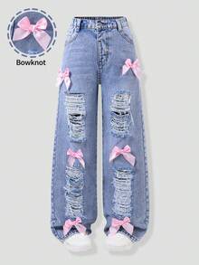 Tween Girls Summer New Light Blue Washed Heavy Ripped Bow Decorated Denim Long Pants Loose Straight Leg Sweet Cool Style Versatile Chic Summer Thin Bow Ripped Denim Pants Pink Dimensional Bowknot - Light Wash - View 4