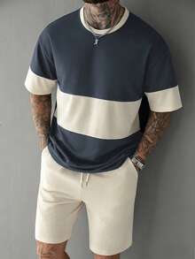 Manfinity Homme Men's Colorblock Casual T-Shirt And Drawstring Waist Shorts Set - Multicolor - View 7