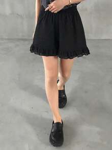 FRIFUL 女士夏季休闲网纱刺绣荷叶边短裤 - 黑色 - 查看 3