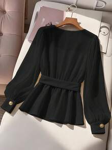 GlowEve CURVE Plus Size Women's Elegant Commuter Color Block Lantern Sleeve Blouse, Sunray Pleat Shirt, Spring Autumn - Black - View 2