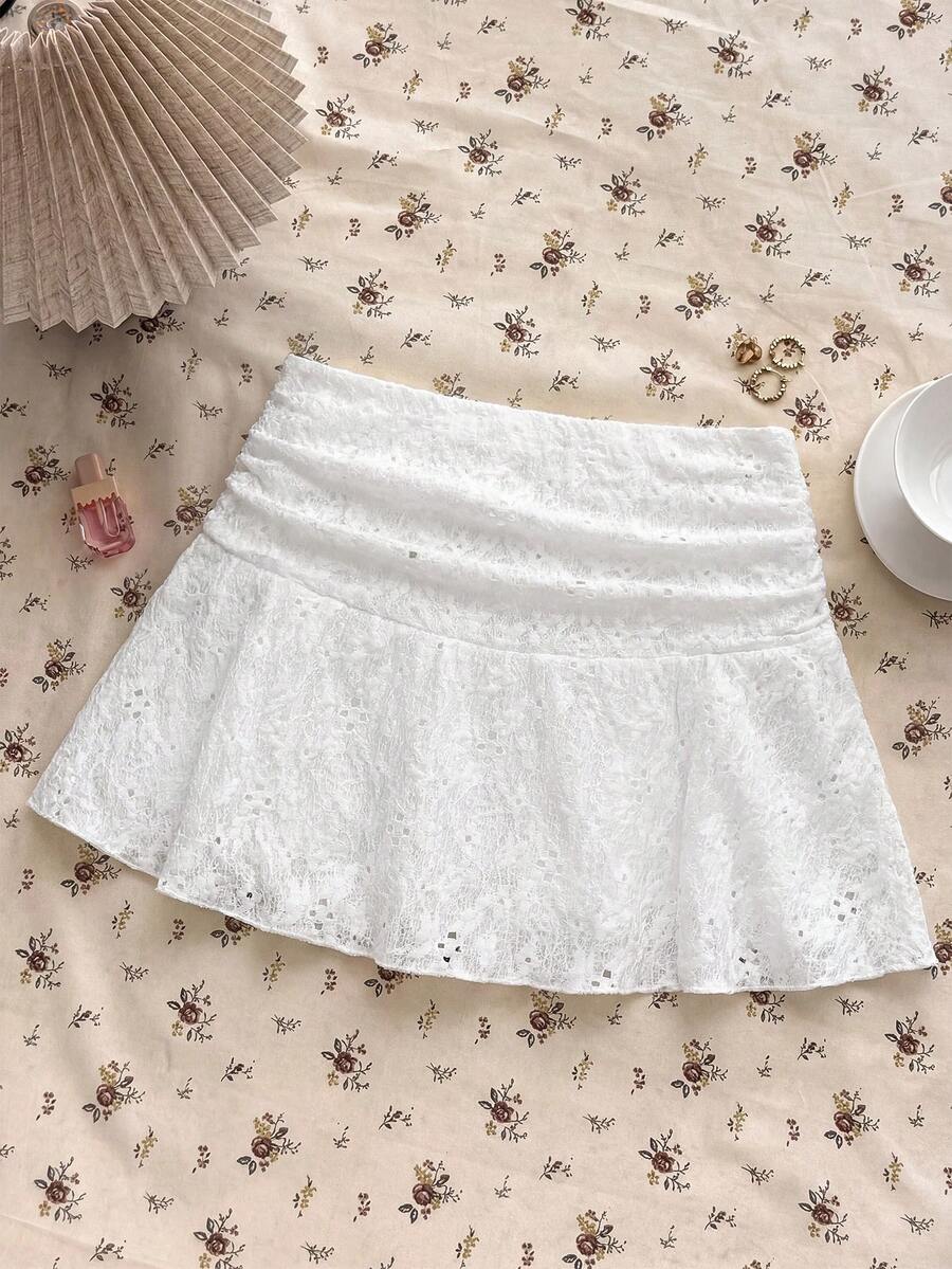 少女白色针织休闲百搭镂空褶皱A字迷你裙，适合夏季穿着 - 白色 - 查看 1