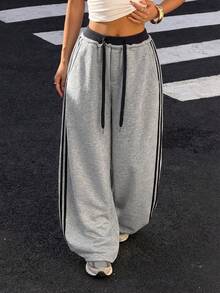 Muchica Gray Contrast Stripe Gray Knit Women Balloon Wide Leg Sweatpants,Summer Outfits ,Going Out - Light Grey - View 1