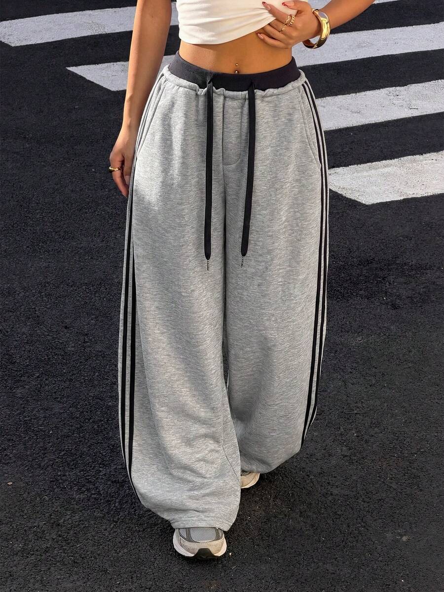Muchica Gray Contrast Stripe Gray Knit Women Balloon Wide Leg Sweatpants,Summer Outfits ,Going Out - Light Grey - View 1