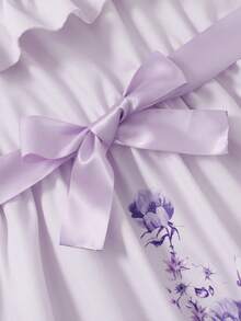 1pc Tween Girl Elegant Floral Digital Print Off-Shoulder Ruffle Adjustable Strap Dress With Satin Belt, Suitable For Daily Wear, Party, Vacation, Casual - Mauve Purple - View 5