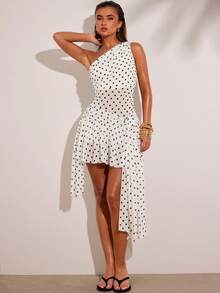 SHEIN BAE Robe à la mode avec volants à l'ourlet, imprimé à pois, sans manches pour femmes - Blanc - Voir 6