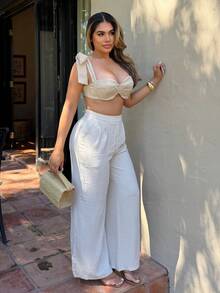 Maria Perezxox 海滩新款春夏休闲度假蝴蝶结肩带裹胸心形领短款上衣+阔腿超长裤杏色女两件套Se，纹理面料材质 - 杏色 - 查看 4