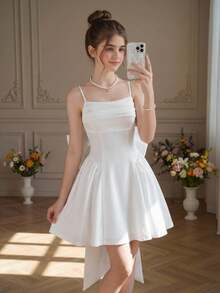 Pitira Đầm hai dây màu trắng trơn thanh lịch dành cho thiếu nữ, chất liệu dệt kim, xếp ly phía trước, thắt eo bằng nơ phía sau, thích hợp cho tiệc Valentine, đi chơi, các dịp trang trọng, tiệc tùng, sinh nhật, mặc hàng ngày, lễ hội, họp mặt gia đình và các sự kiện đặc biệt. - trắng - Xem 3