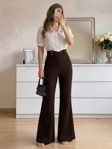 Modelyn Pantalones de pierna acampanada de cintura alta y ajuste delgado para mujer, para primavera/verano - Café integral - Ver 3
