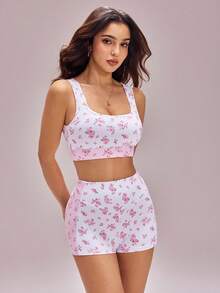 FavEase 2pcs/Set Women's Deep U-Neck Racerback Sports Bra And Ditsy Floral Shorts For Outdoor Workout - White - View 8