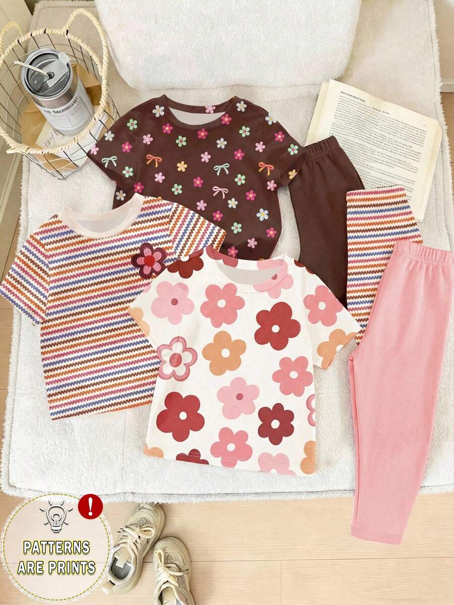 Set de 3 piezas de camiseta y leggings de primavera y verano con estampado floral y de rayas, de moda, cómodo y elegante para niñas, adecuado para uso casual al aire libre y de vacaciones - Multicolor - Ver 1