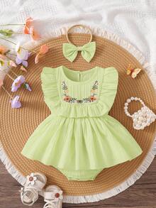 SHEIN Playful Pals 女婴花卉刺绣荷叶边下摆优雅夏季连衣裙，适合派对和日常穿着 - 綠色 - 查看 2