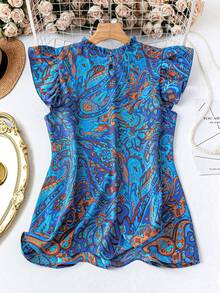 EMERY ROSE Plus Size Women's Sweet Elegant Ruffle Collar Cap Sleeve Ditsy Floral Loose Blouse, Suitable For Vacation And Daily Wear - Blue - View 2