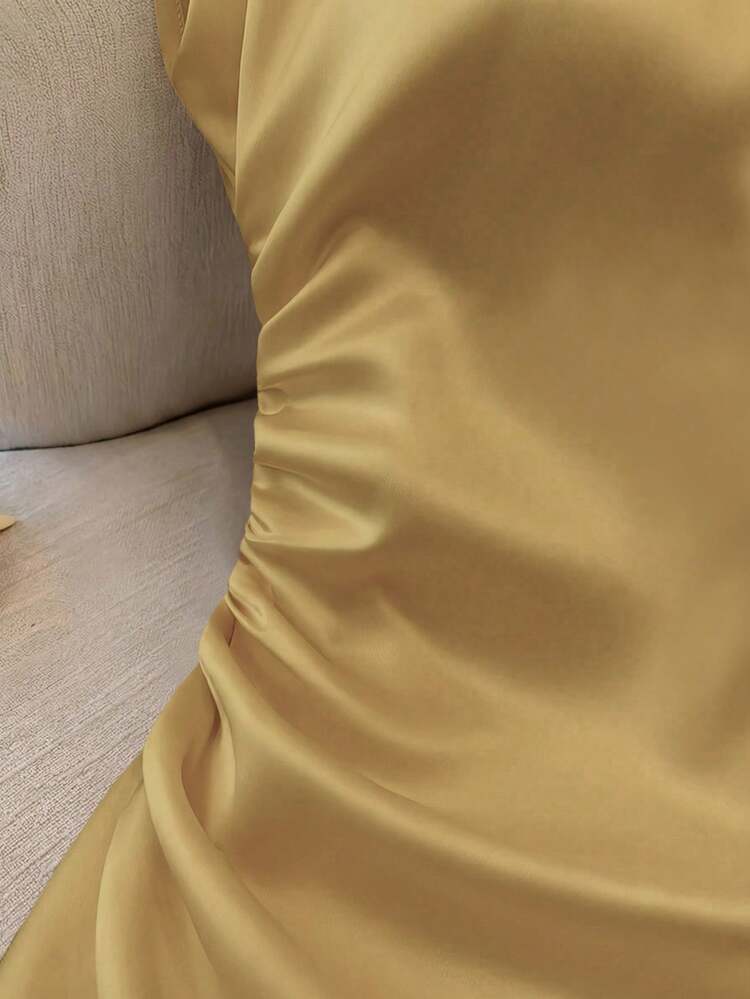 Franclia Blusa elegante de mujer con cuello redondo, cintura ceñida, ajustada, plisada, de manga corta, versátil, de color melocotón claro sólido - amarillo ganso - Añade 5