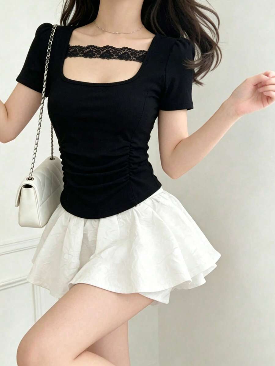 FRIFUL Women's Square Neck Lace Tie-Up Splice Fitted Solid Ribbed Short Sleeve T-Shirt - Black - View 1