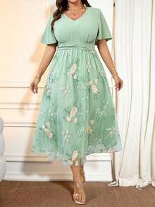 SHEIN CURVE+ Plus Size Women's Waist Ruched Deep V-Neck Ruffle Sleeve & Hem Mesh Double Layer A-Line Loose Elegant Vacation Casual Dress - Green - View 1